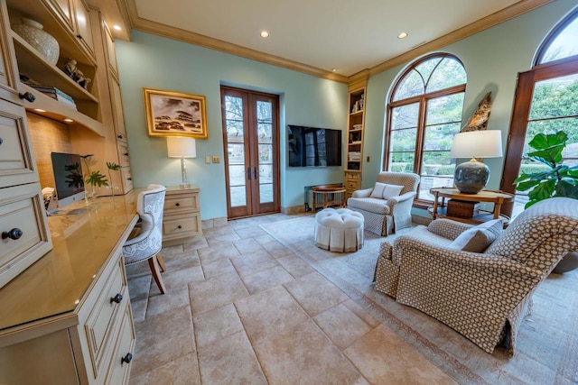 304 Braebourne Ct, Green Bay, WI 54301 - living room featuring built in features, crown molding, and french doors