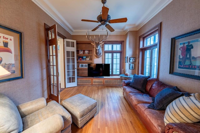 304 Braebourne Ct, Green Bay, WI 54301 - living room with hardwood / wood-style floors, ceiling fan, ornamental molding, and french doors