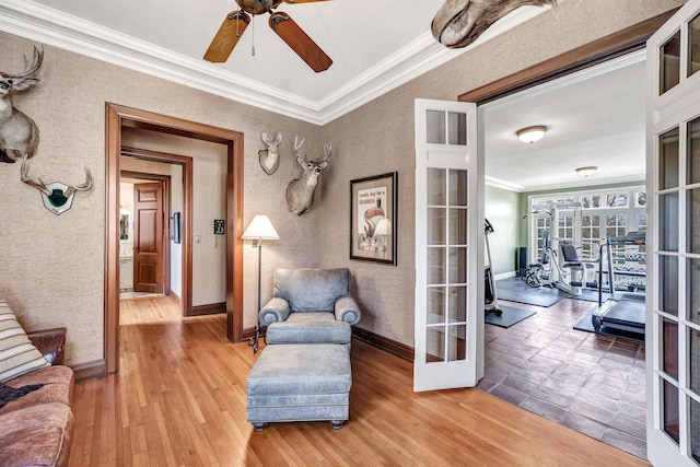 304 Braebourne Ct, Green Bay, WI 54301 - living area featuring hardwood / wood-style flooring, ceiling fan, crown molding, and french doors