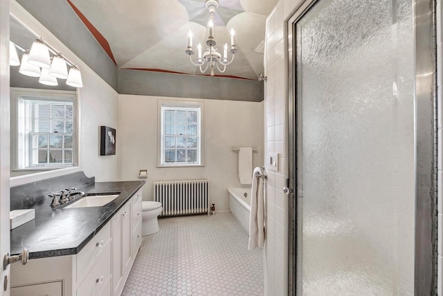 304 Braebourne Ct, Green Bay, WI 54301 - full bathroom with radiator heating unit, plus walk in shower, an inviting chandelier, lofted ceiling, and vanity