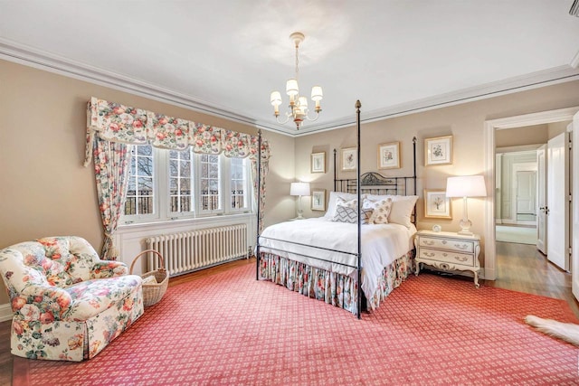 304 Braebourne Ct, Green Bay, WI 54301 - carpeted bedroom with radiator heating unit, crown molding, and a notable chandelier