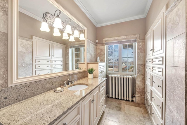 304 Braebourne Ct, Green Bay, WI 54301 - bathroom featuring radiator heating unit, vanity, and ornamental molding