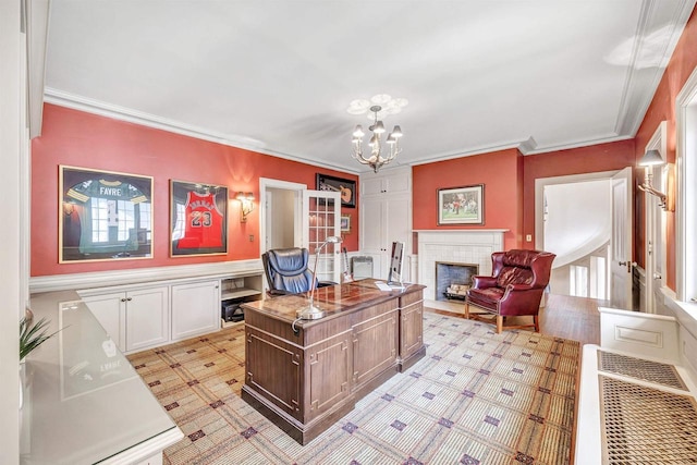 304 Braebourne Ct, Green Bay, WI 54301 - home office with heating unit, crown molding, an inviting chandelier, and a brick fireplace
