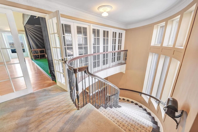 304 Braebourne Ct, Green Bay, WI 54301 - stairs featuring carpet, crown molding, and french doors