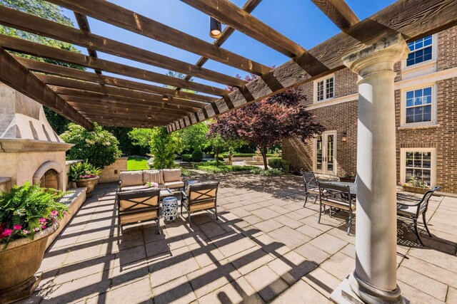304 Braebourne Ct, Green Bay, WI 54301 - view of patio / terrace with a pergola, an outdoor living space with a fireplace, and french doors