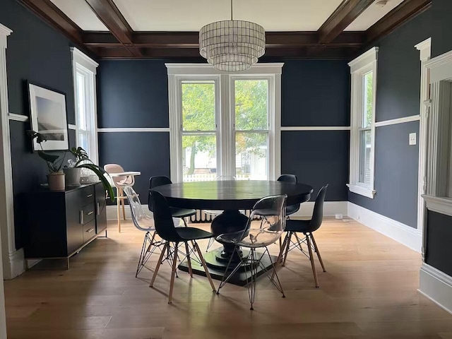 dining area featuring beam ceiling, hardwood / wood-style floors, coffered ceiling, and a notable chandelier