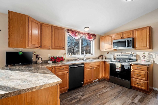 kitchen with sink, dark wood-type flooring, lofted ceiling, and appliances with stainless steel finishes