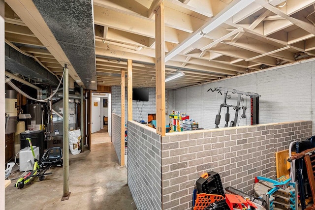 basement with brick wall