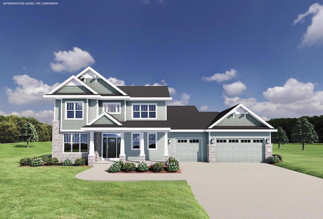 craftsman inspired home with a garage and a front lawn