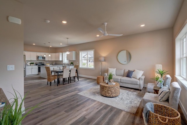 living room with dark hardwood / wood-style flooring and ceiling fan