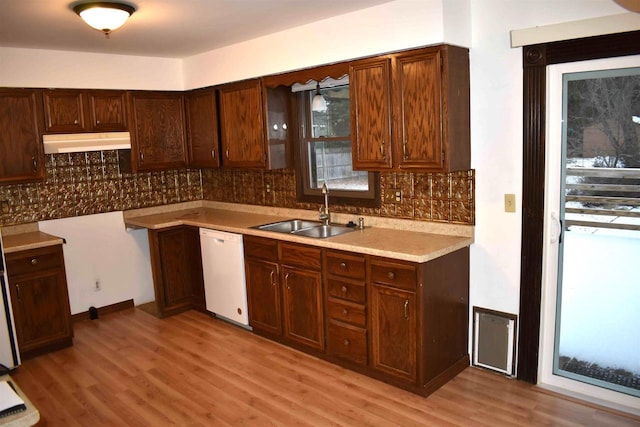 kitchen featuring dishwasher, dark brown cabinetry, sink, and light hardwood / wood-style flooring