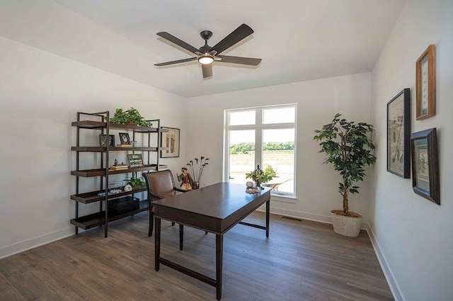 office featuring ceiling fan and dark wood-type flooring