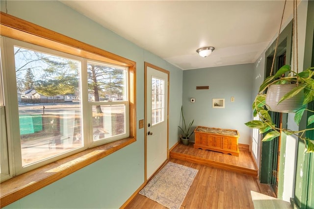 doorway to outside with light wood-type flooring