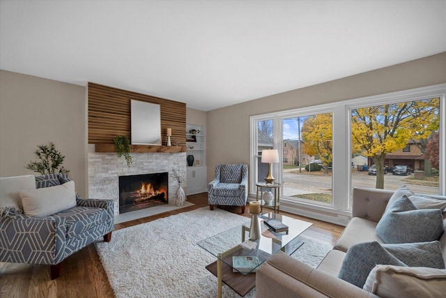 living room with a fireplace and light wood-type flooring