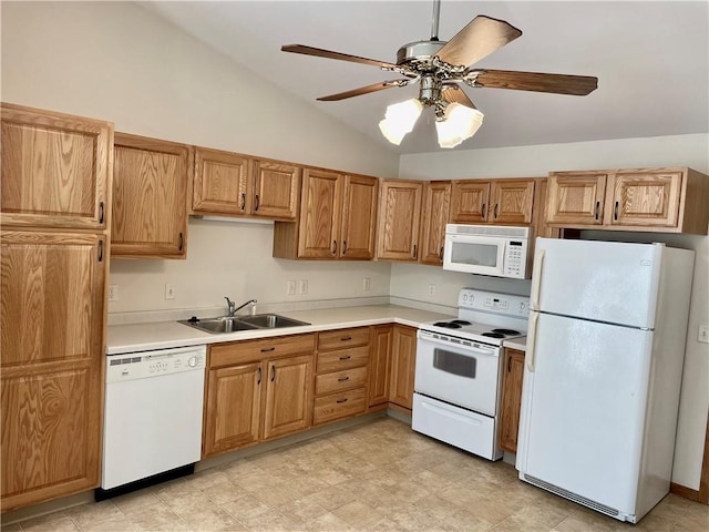 kitchen with lofted ceiling, sink, ceiling fan, and white appliances