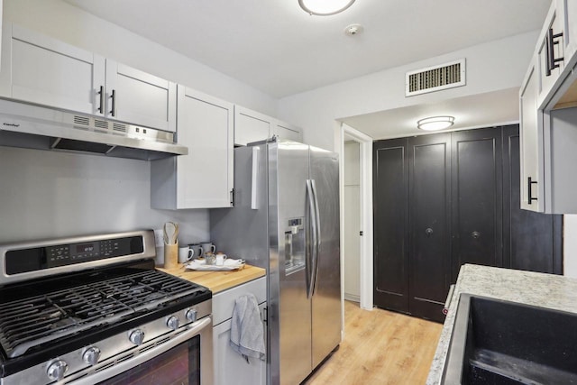 kitchen with wooden counters, sink, light wood-type flooring, white cabinetry, and stainless steel appliances