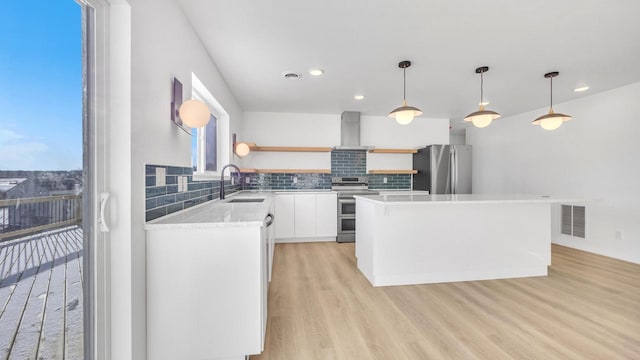 kitchen featuring sink, stainless steel appliances, a kitchen island, tasteful backsplash, and white cabinets