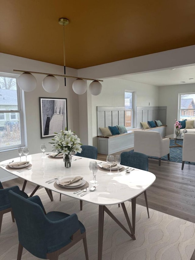 dining space featuring plenty of natural light and light hardwood / wood-style flooring