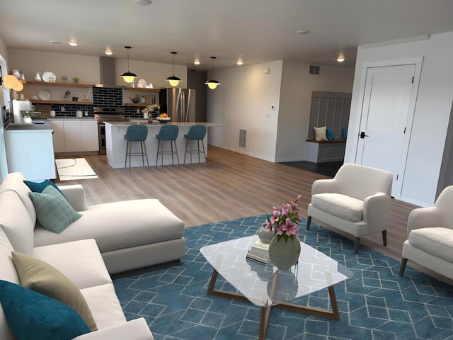 living room featuring dark wood-type flooring