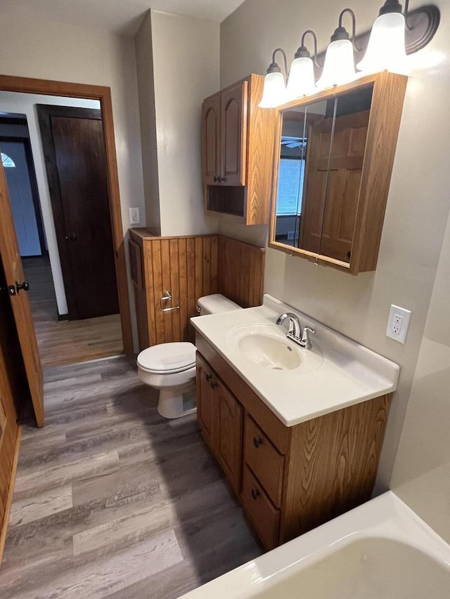 bathroom featuring wood-type flooring, vanity, and toilet