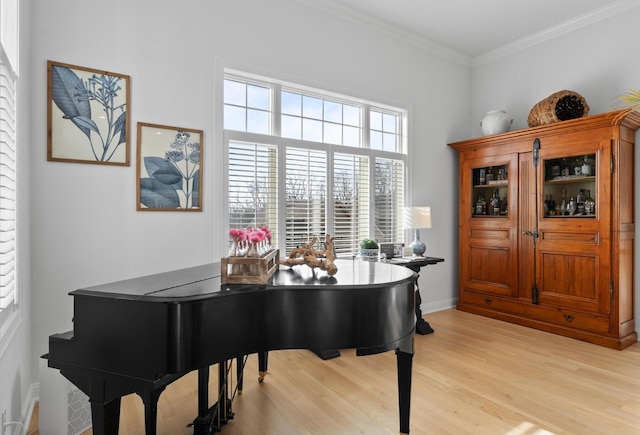 miscellaneous room with light wood-type flooring and crown molding