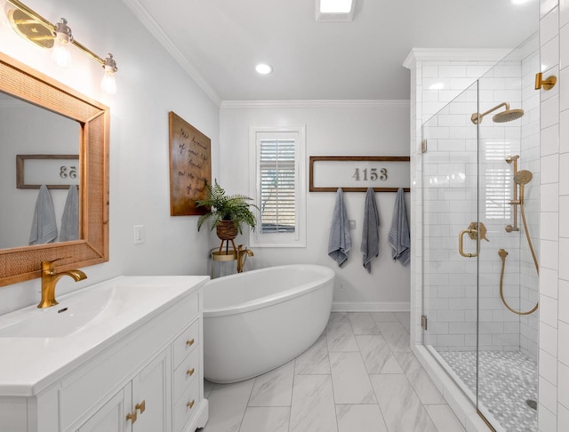 bathroom featuring vanity, separate shower and tub, and crown molding