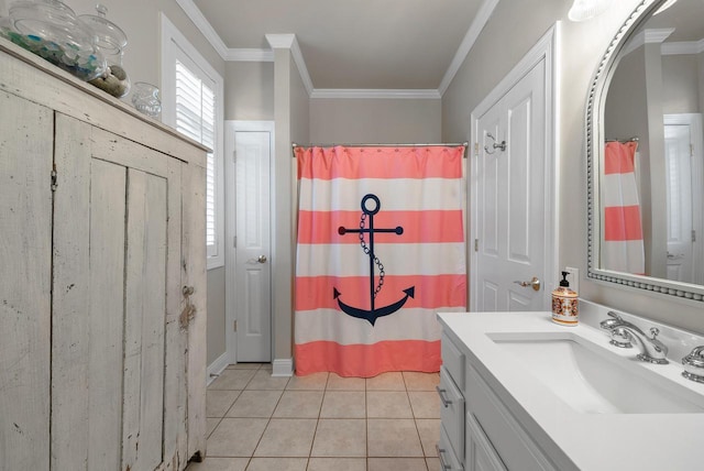 bathroom with tile patterned floors, crown molding, vanity, and a shower with shower curtain