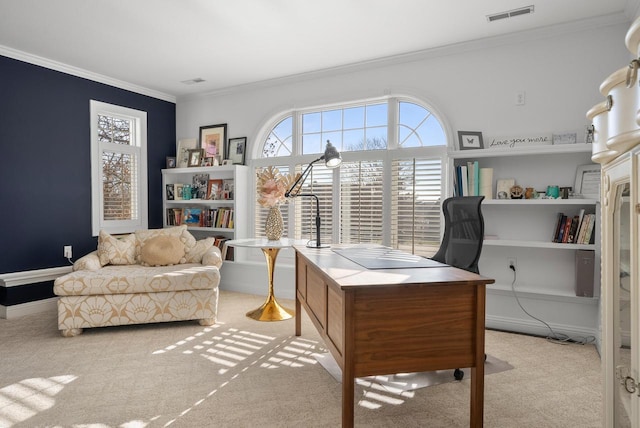 office featuring light carpet and crown molding