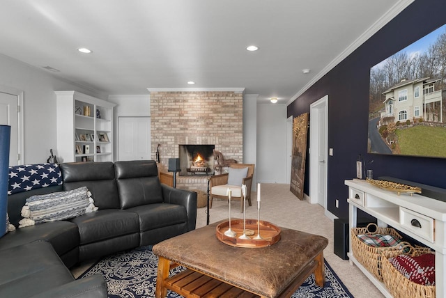 carpeted living room with crown molding and a brick fireplace