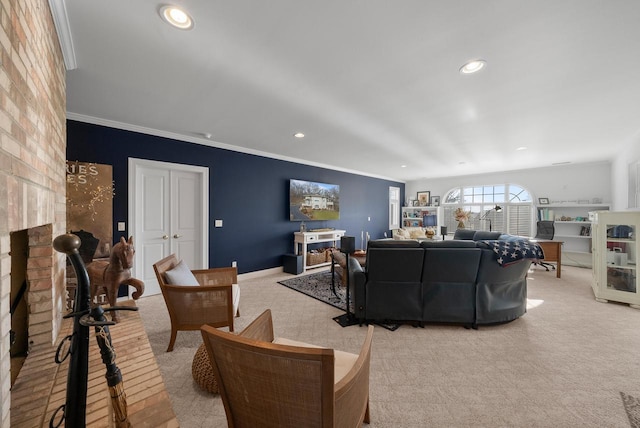 carpeted living room featuring a fireplace and crown molding