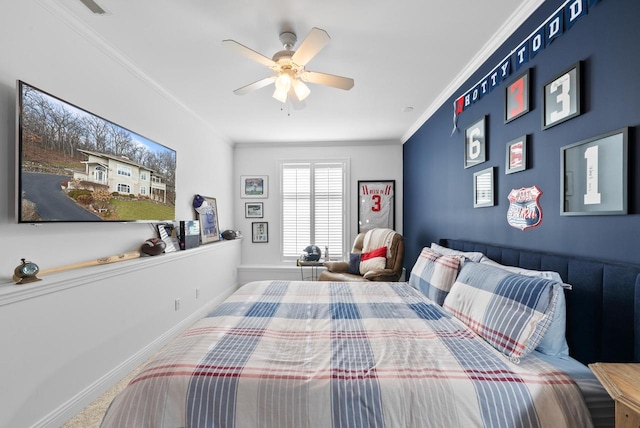 bedroom featuring ceiling fan and crown molding