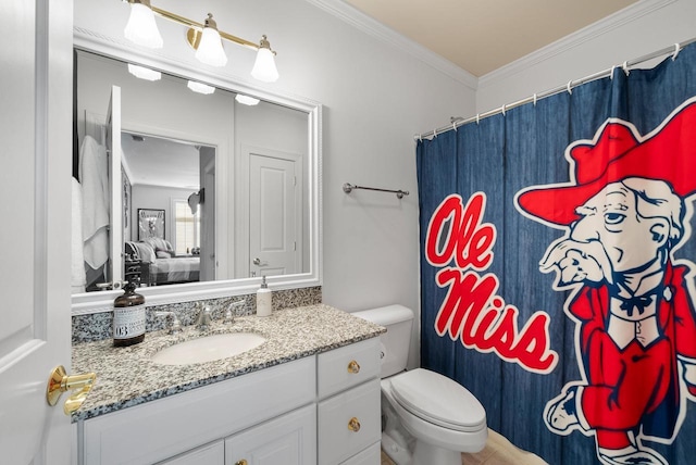 bathroom featuring a shower with curtain, vanity, toilet, and crown molding