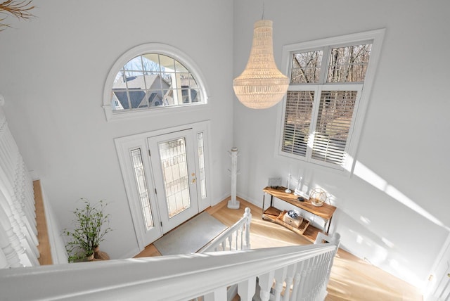 entryway with hardwood / wood-style floors, plenty of natural light, and a towering ceiling