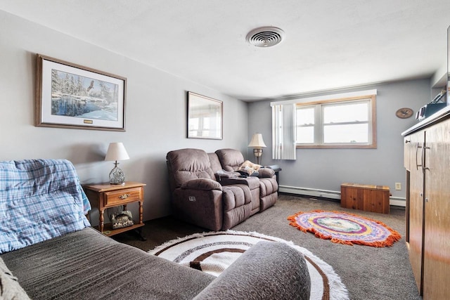 carpeted living room featuring baseboard heating