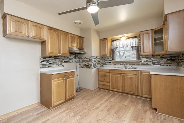 kitchen with decorative backsplash, sink, and light hardwood / wood-style flooring