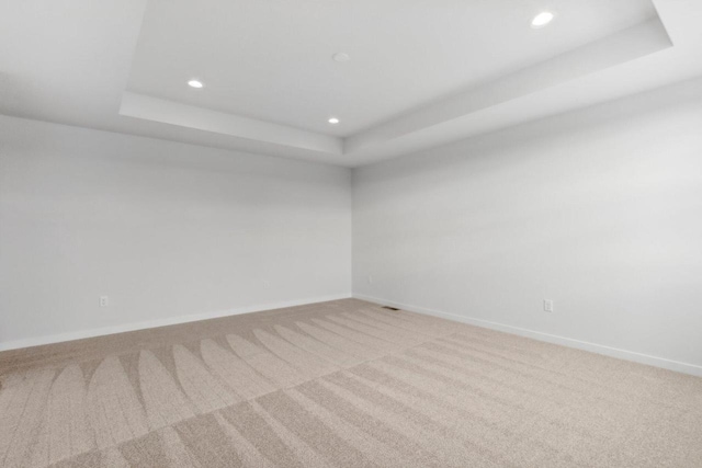 unfurnished room with a raised ceiling and light colored carpet