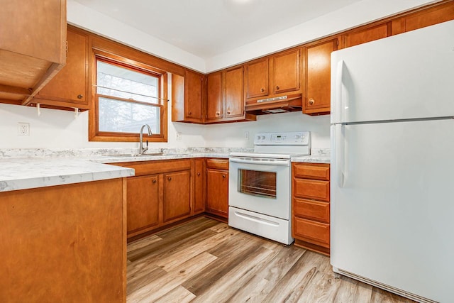 kitchen featuring white appliances, light hardwood / wood-style floors, and sink