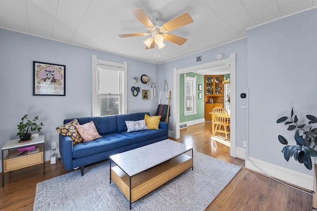 living room with ceiling fan and hardwood / wood-style flooring