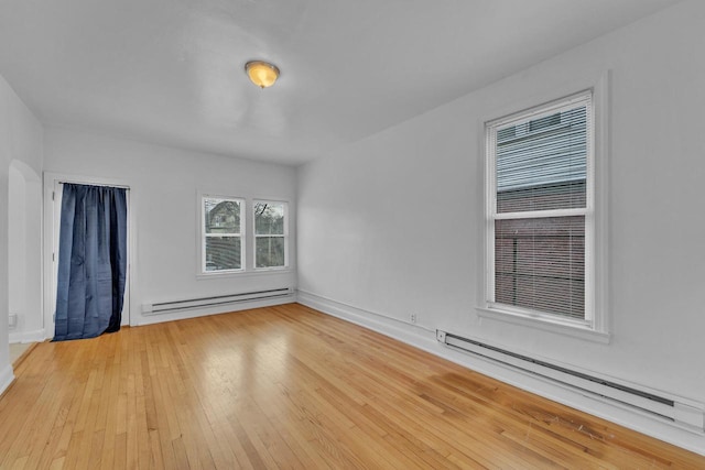 unfurnished room with light hardwood / wood-style flooring and a baseboard radiator