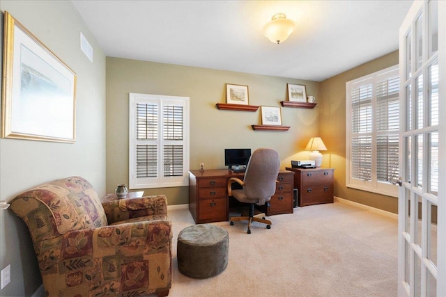 view of carpeted home office