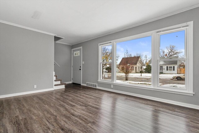 interior space featuring dark wood-type flooring, plenty of natural light, and ornamental molding