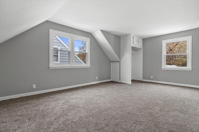 additional living space featuring a wealth of natural light, carpet floors, and vaulted ceiling