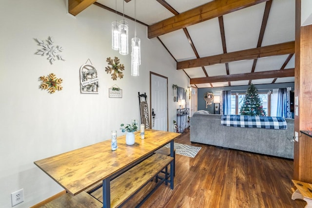 dining space with beamed ceiling, dark hardwood / wood-style floors, high vaulted ceiling, and a notable chandelier