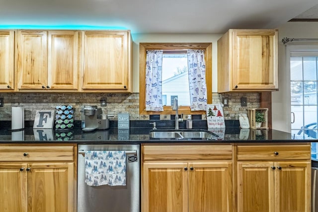 kitchen with backsplash, stainless steel dishwasher, dark stone counters, and sink