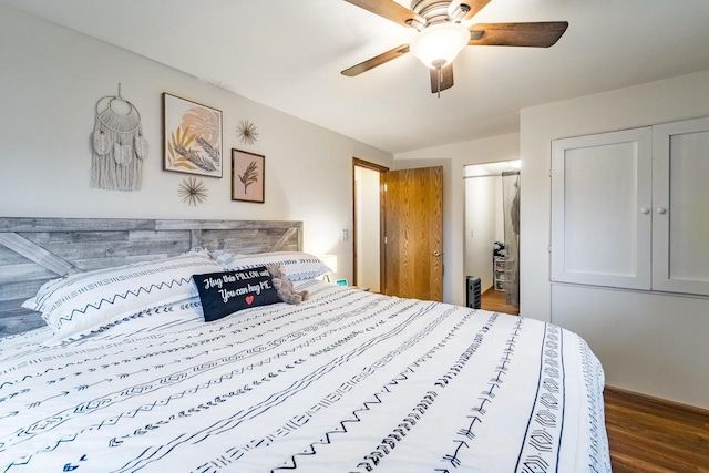 bedroom featuring hardwood / wood-style flooring and ceiling fan