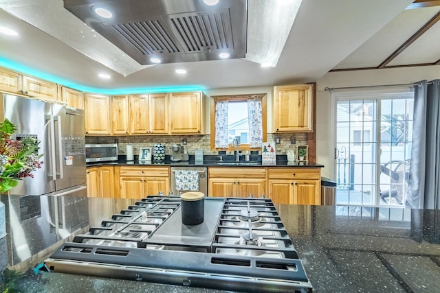 kitchen with dark stone counters, sink, range hood, tasteful backsplash, and appliances with stainless steel finishes