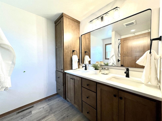 bathroom with wood-type flooring and vanity