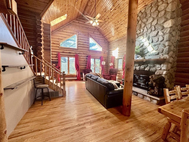 living room with rustic walls, ceiling fan, wood ceiling, and hardwood / wood-style flooring