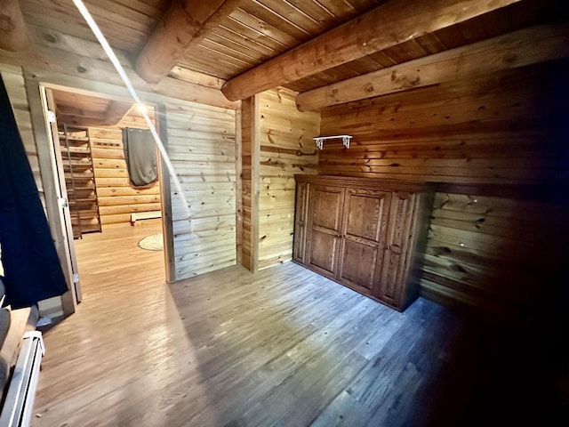 additional living space featuring wood ceiling, baseboard heating, log walls, beamed ceiling, and light hardwood / wood-style floors