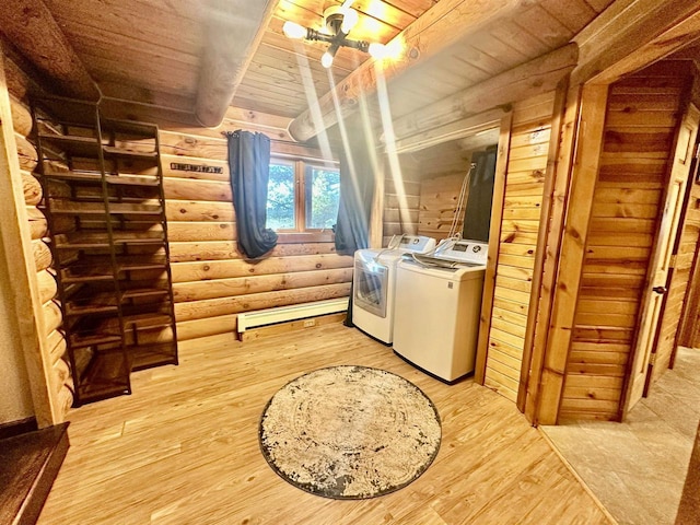 laundry room featuring hardwood / wood-style flooring, wood ceiling, log walls, and washing machine and clothes dryer